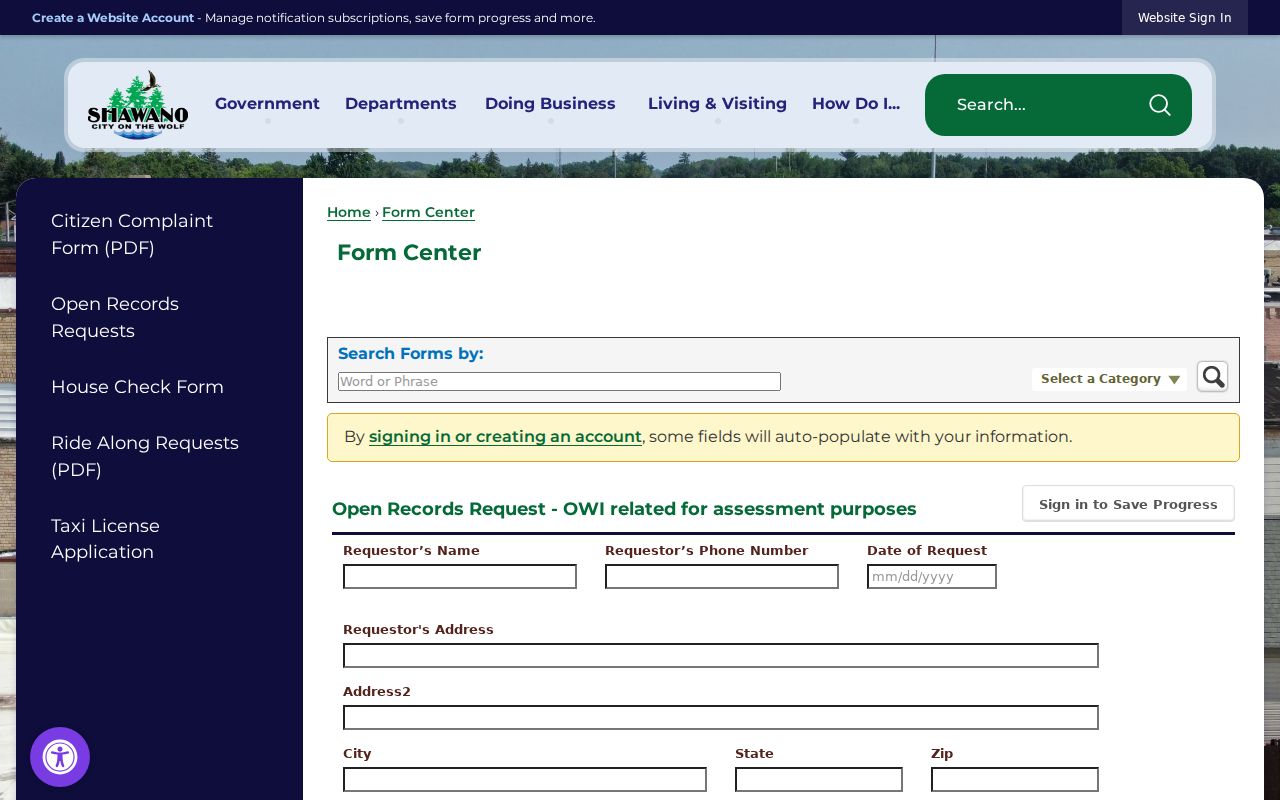 Shawano court record request form fields