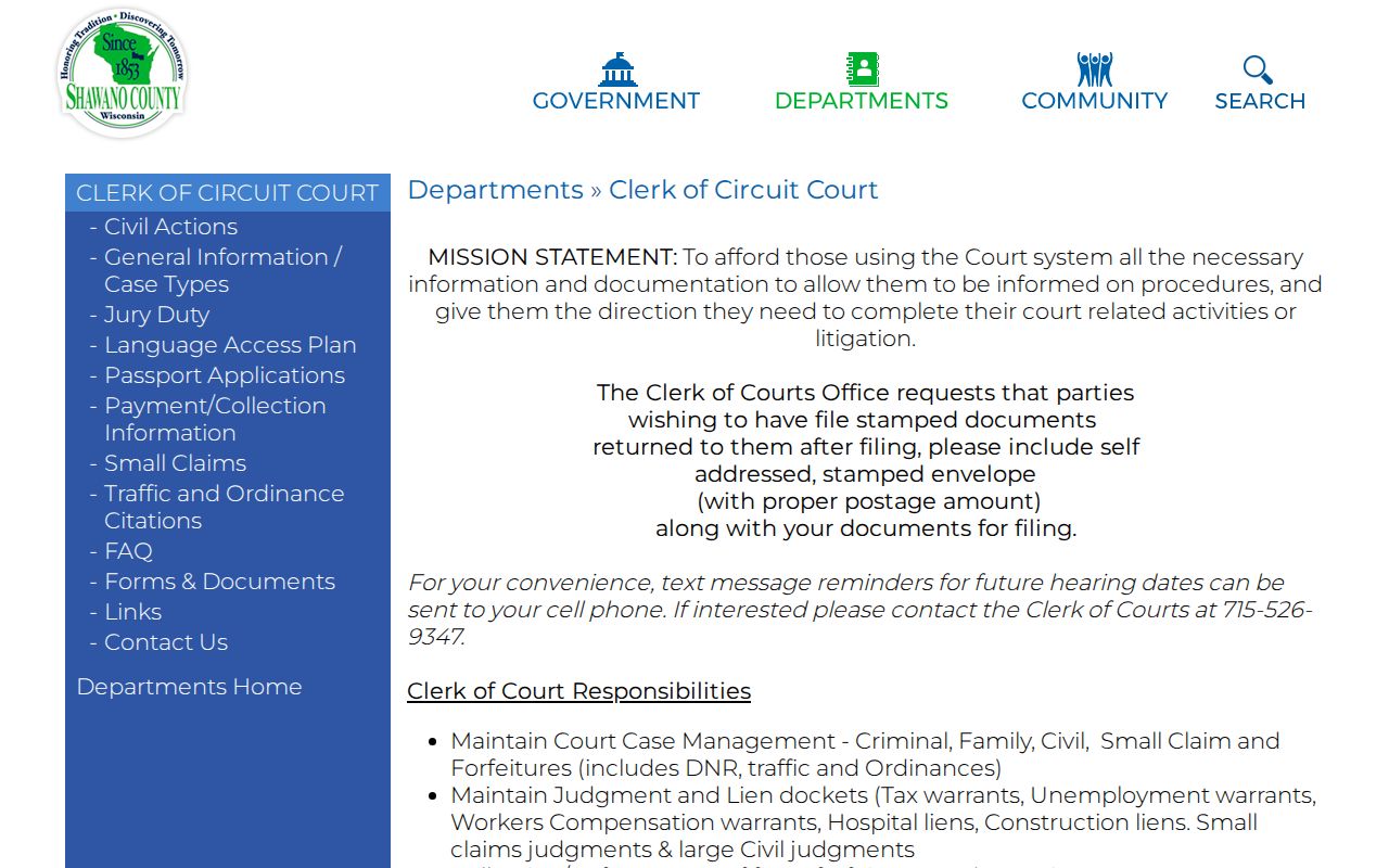 Shawano County court record clerk information page